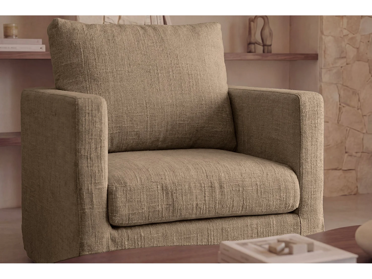 LEONIE - Fauteuil tissu chenille déhoussable - Café