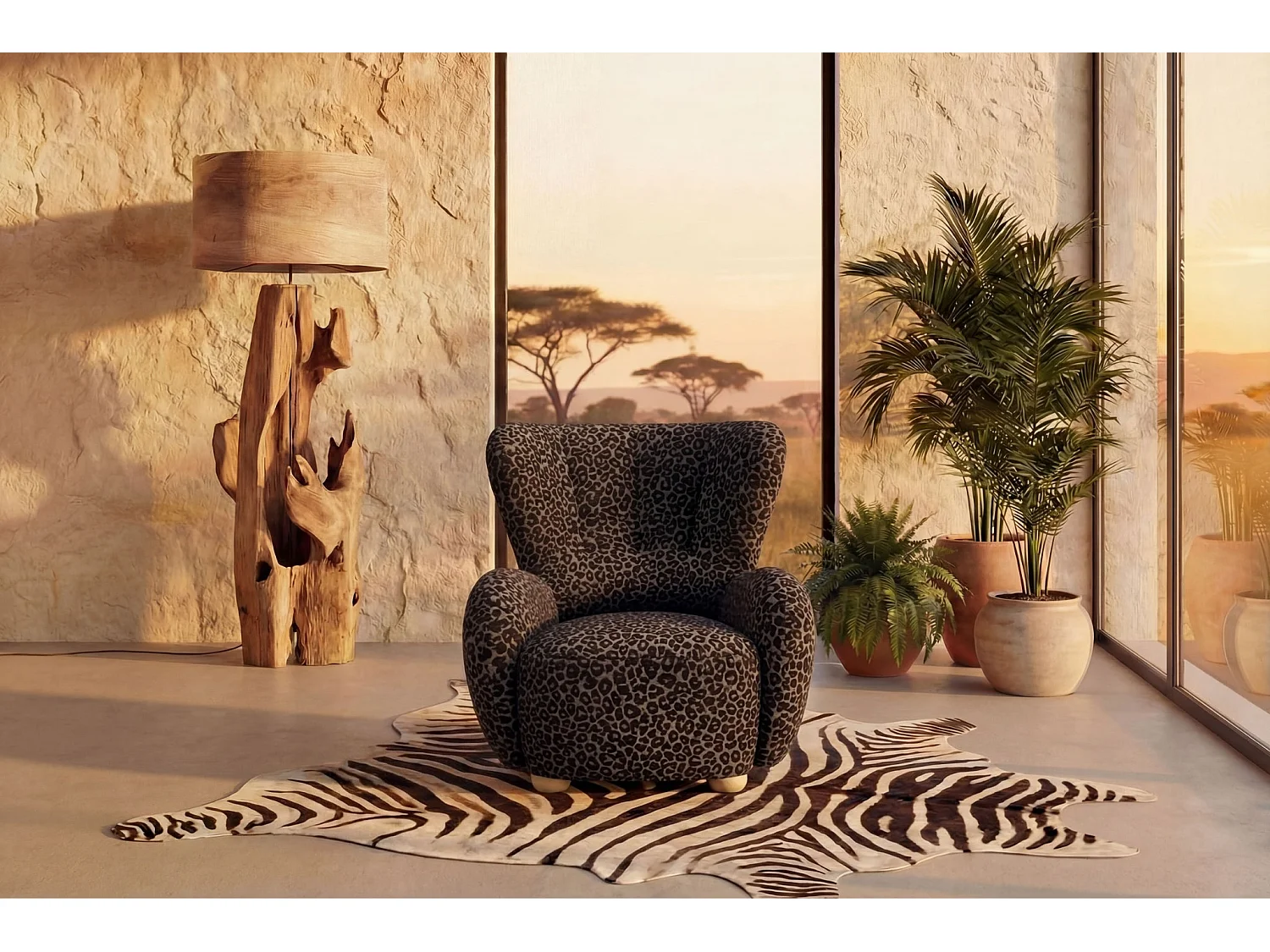 LILI - Fauteuil tissu imprimé animalier - Noir
