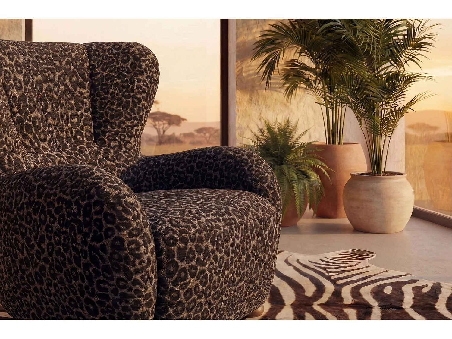 LILI - Fauteuil tissu imprimé animalier - Noir