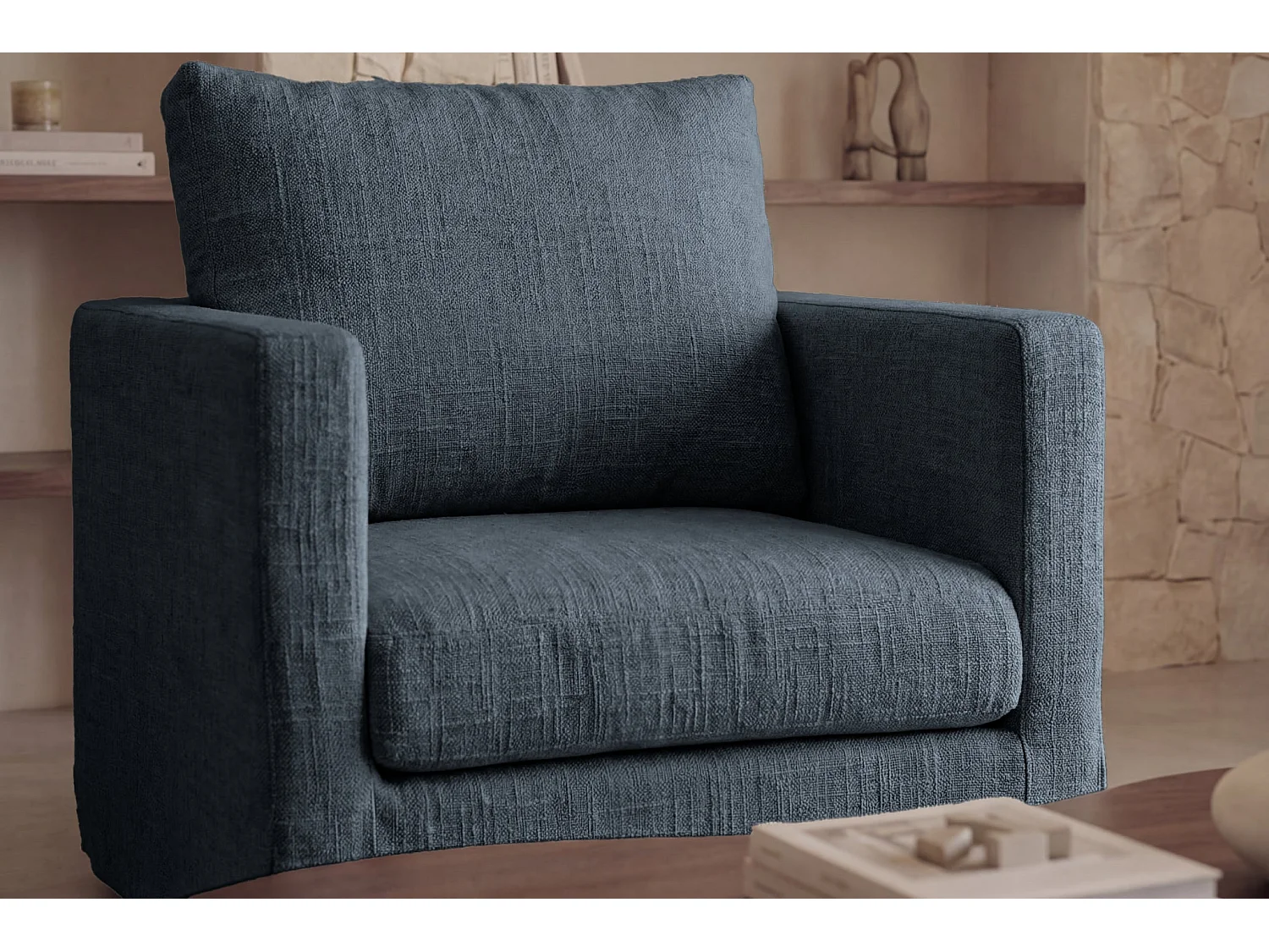LEONIE - Fauteuil tissu chenille déhoussable - Bleu