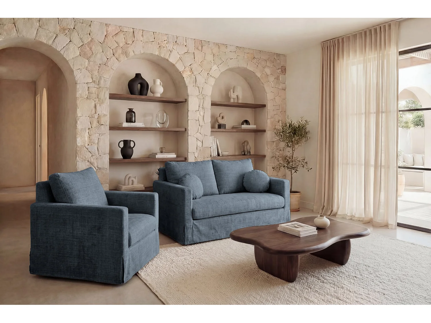 LEONIE - Fauteuil tissu chenille déhoussable - Bleu