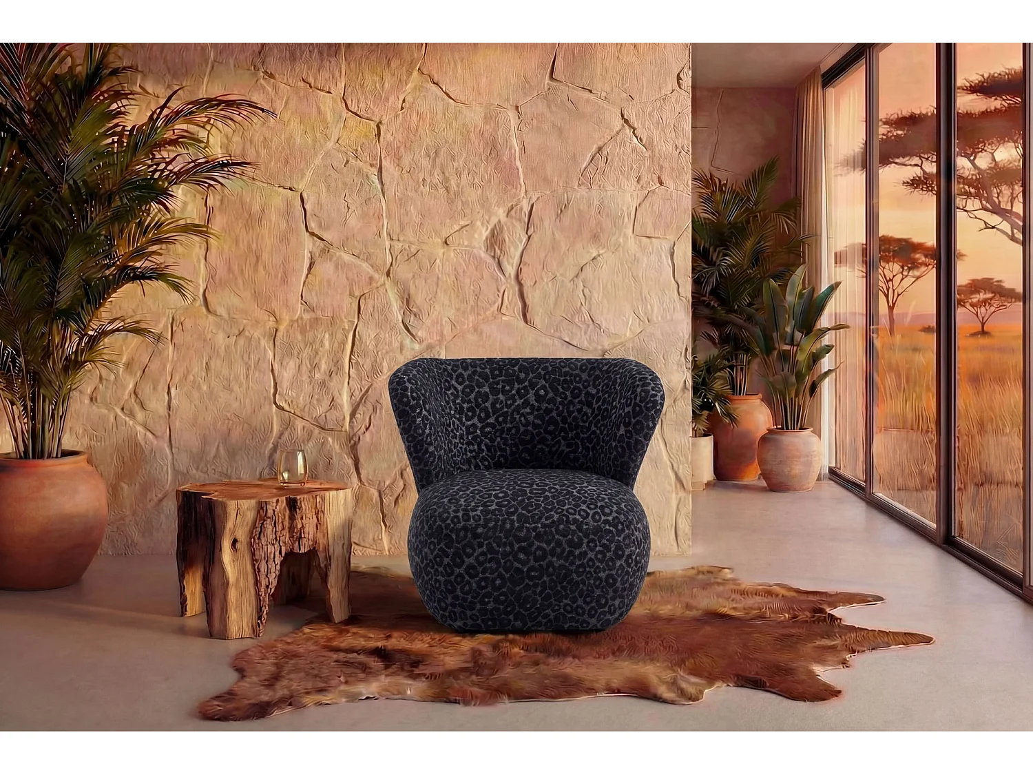CAPRI - Fauteuil tissu imprimé animalier - Noir
