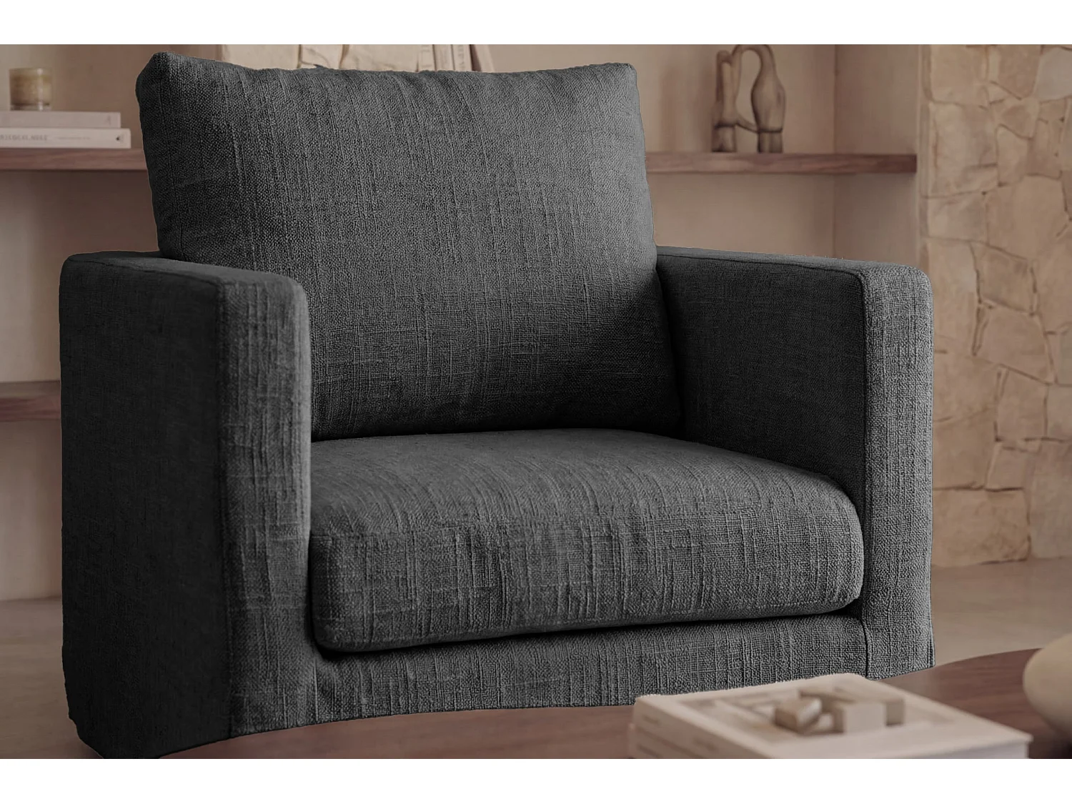 LEONIE - Fauteuil tissu chenille déhoussable - Gris foncé