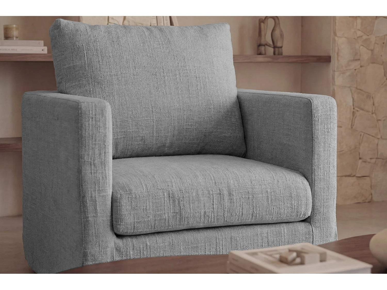 LEONIE - Fauteuil tissu chenille déhoussable - Gris clair