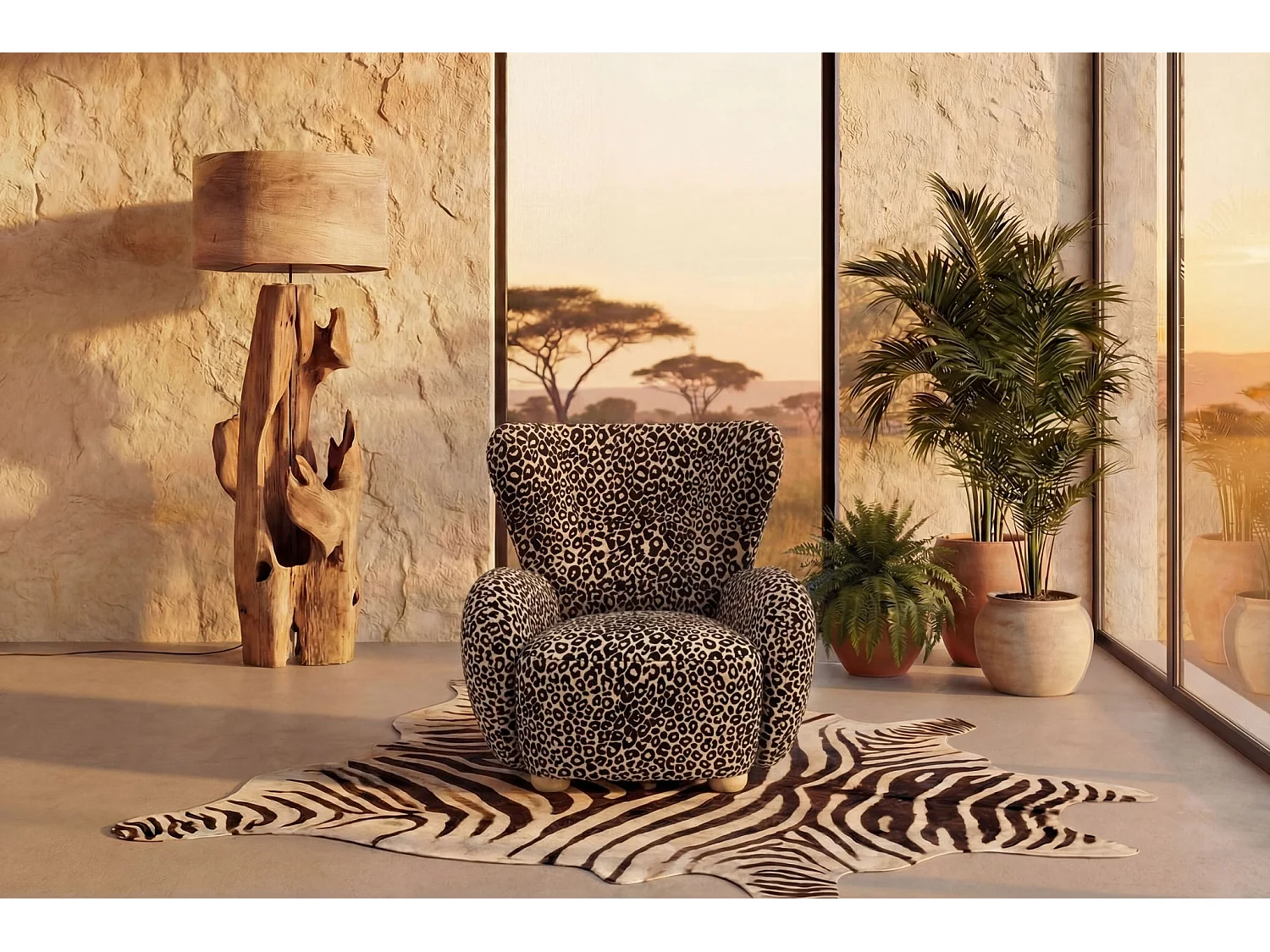 LILI - Fauteuil tissu imprimé animalier - Café