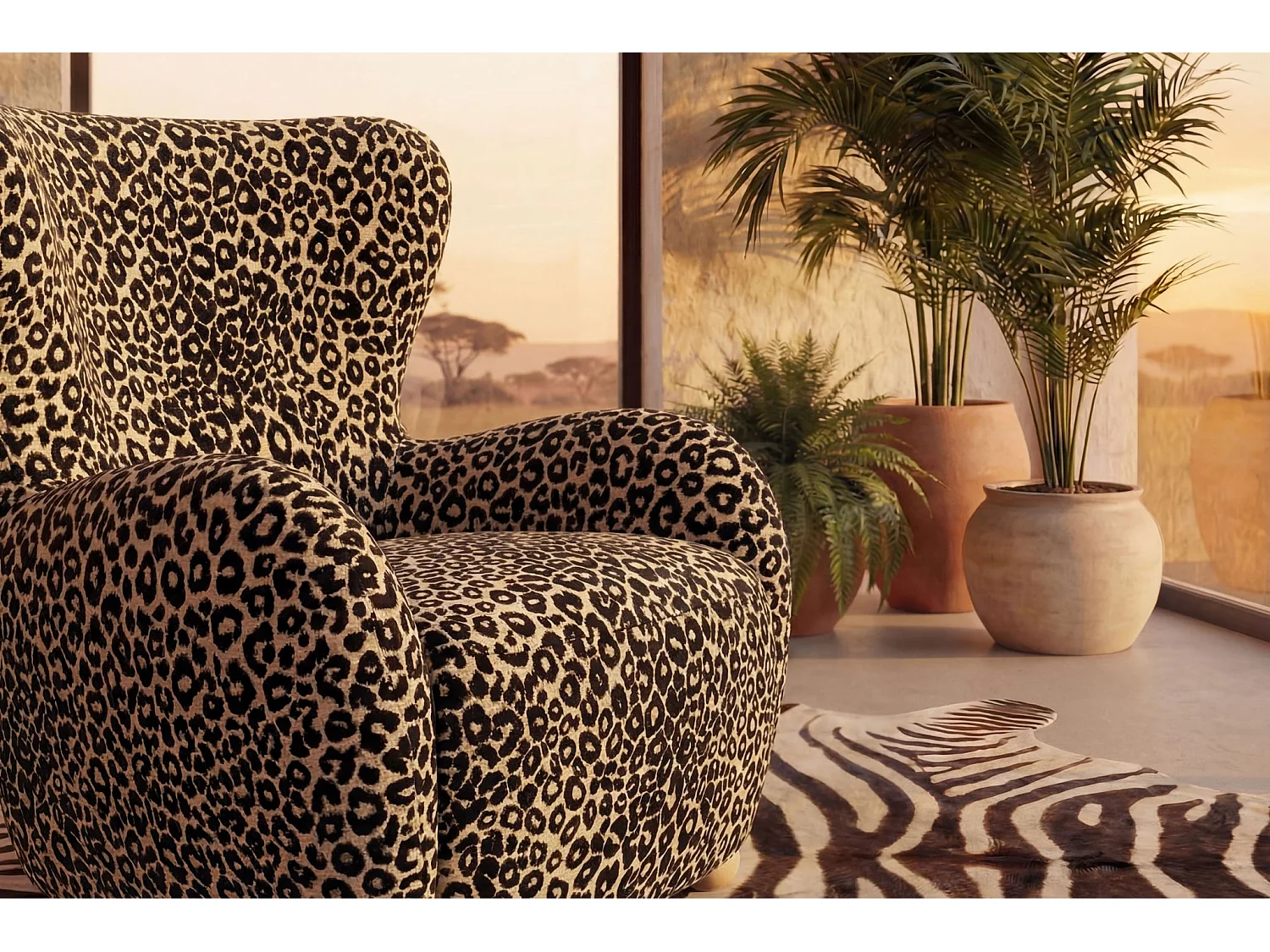 LILI - Fauteuil tissu imprimé animalier - Café