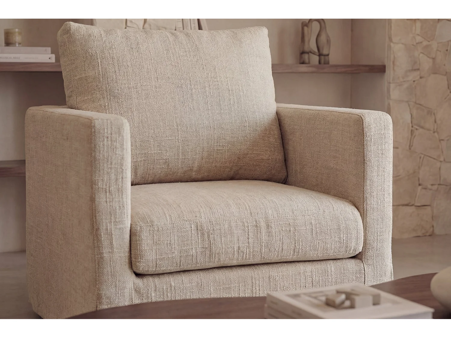 LEONIE - Fauteuil tissu chenille déhoussable - Beige
