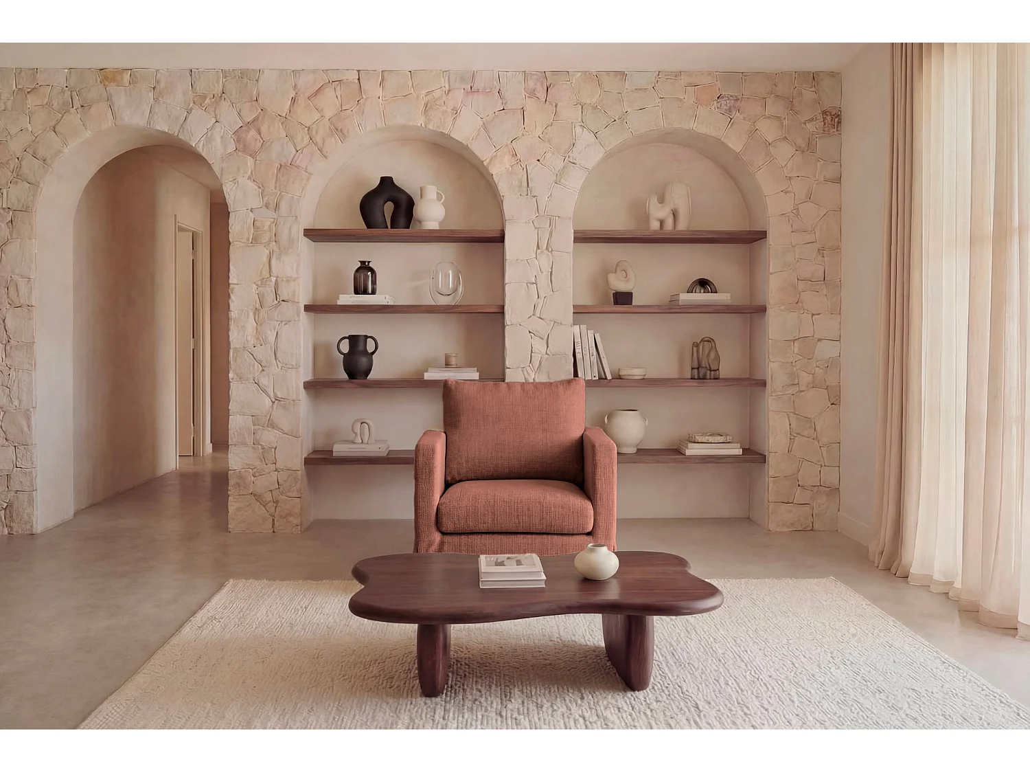LEONIE - Fauteuil tissu chenille déhoussable - Terracotta