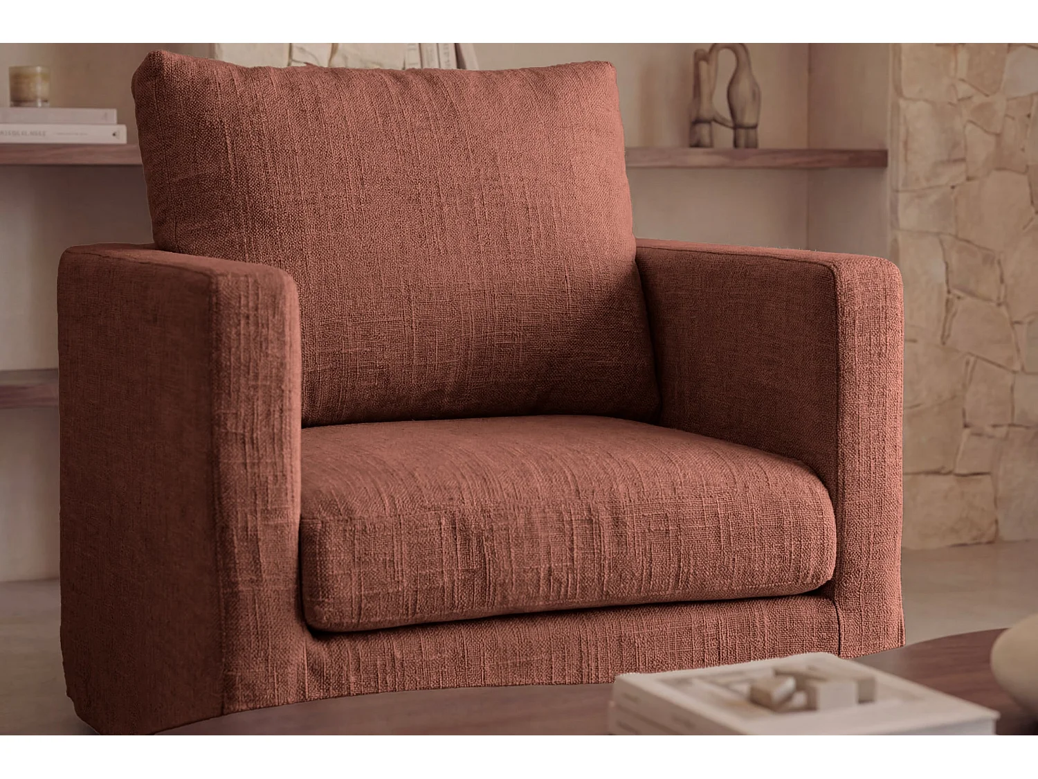 LEONIE - Fauteuil tissu chenille déhoussable - Terracotta