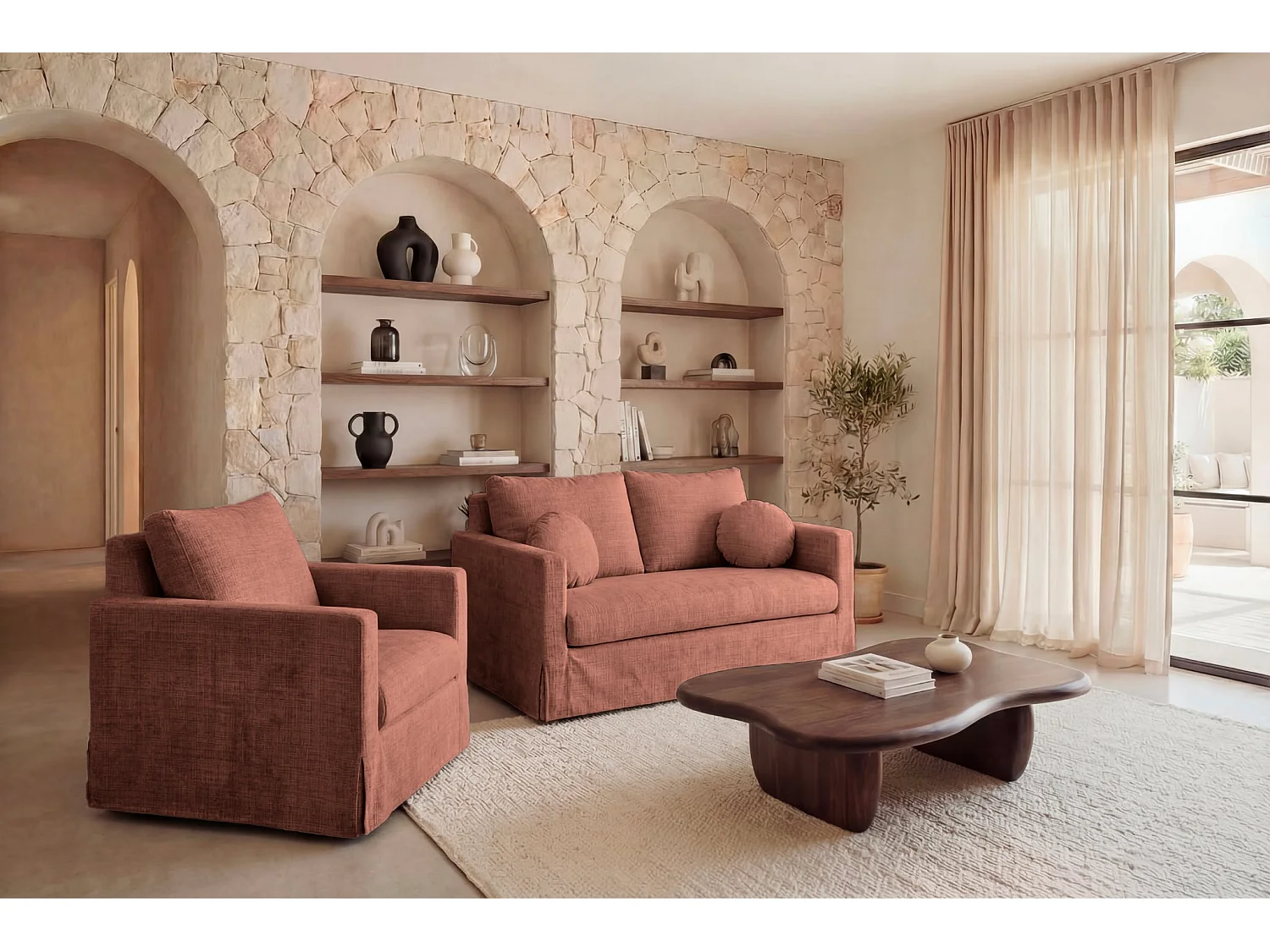 LEONIE - Fauteuil tissu chenille déhoussable - Terracotta
