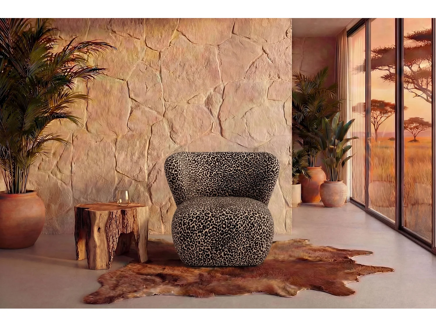 CAPRI - Fauteuil tissu imprimé animalier - Café
