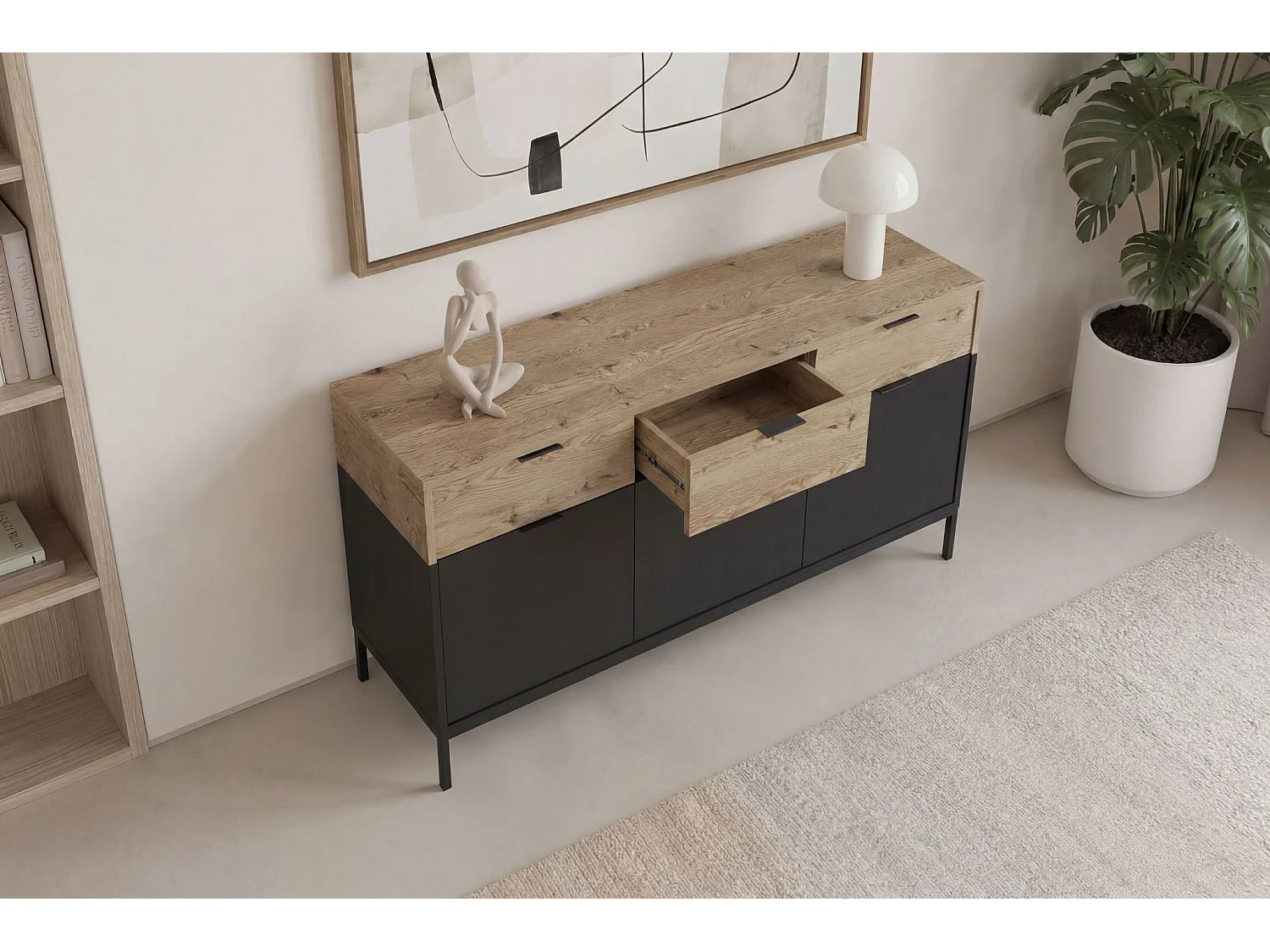 ELINE - Buffet 3 portes 150cm en mélamine - Noir