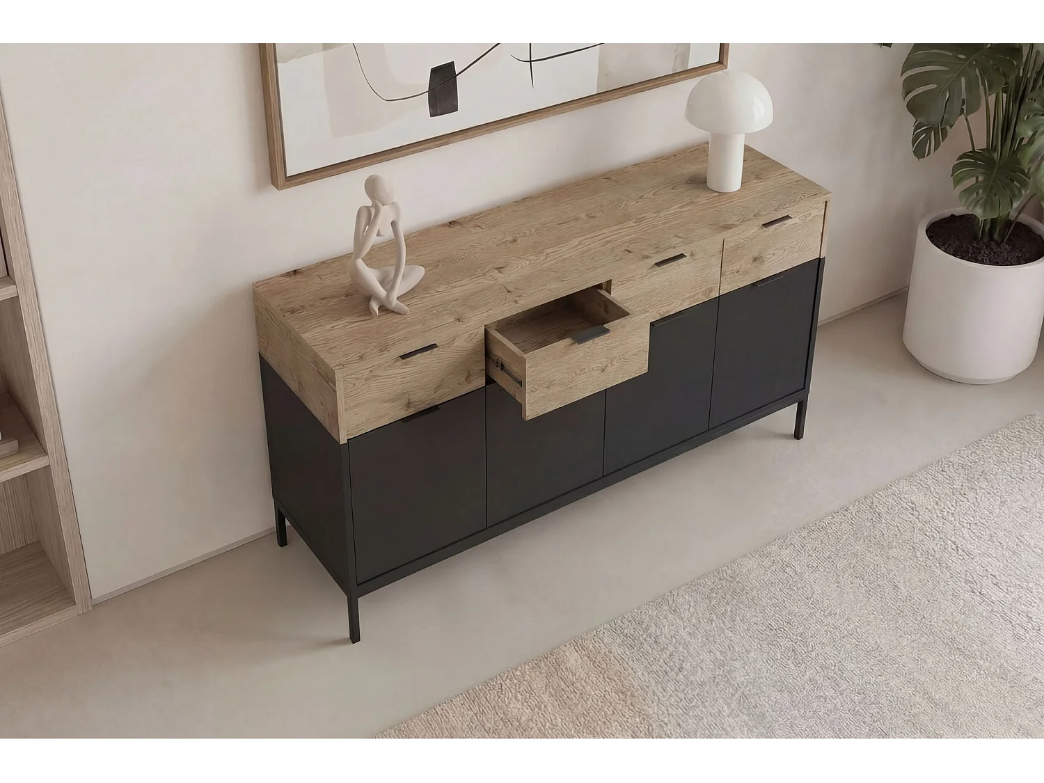 ELINE - Buffet 4 portes 180cm en mélamine - Noir