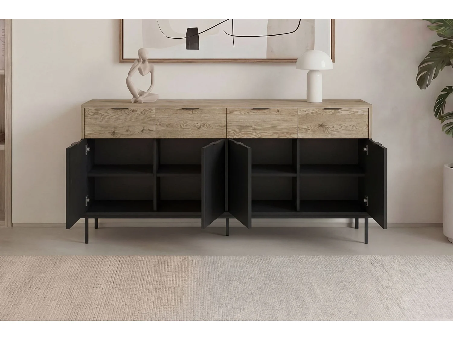ELINE - Buffet 4 portes 180cm en mélamine - Noir