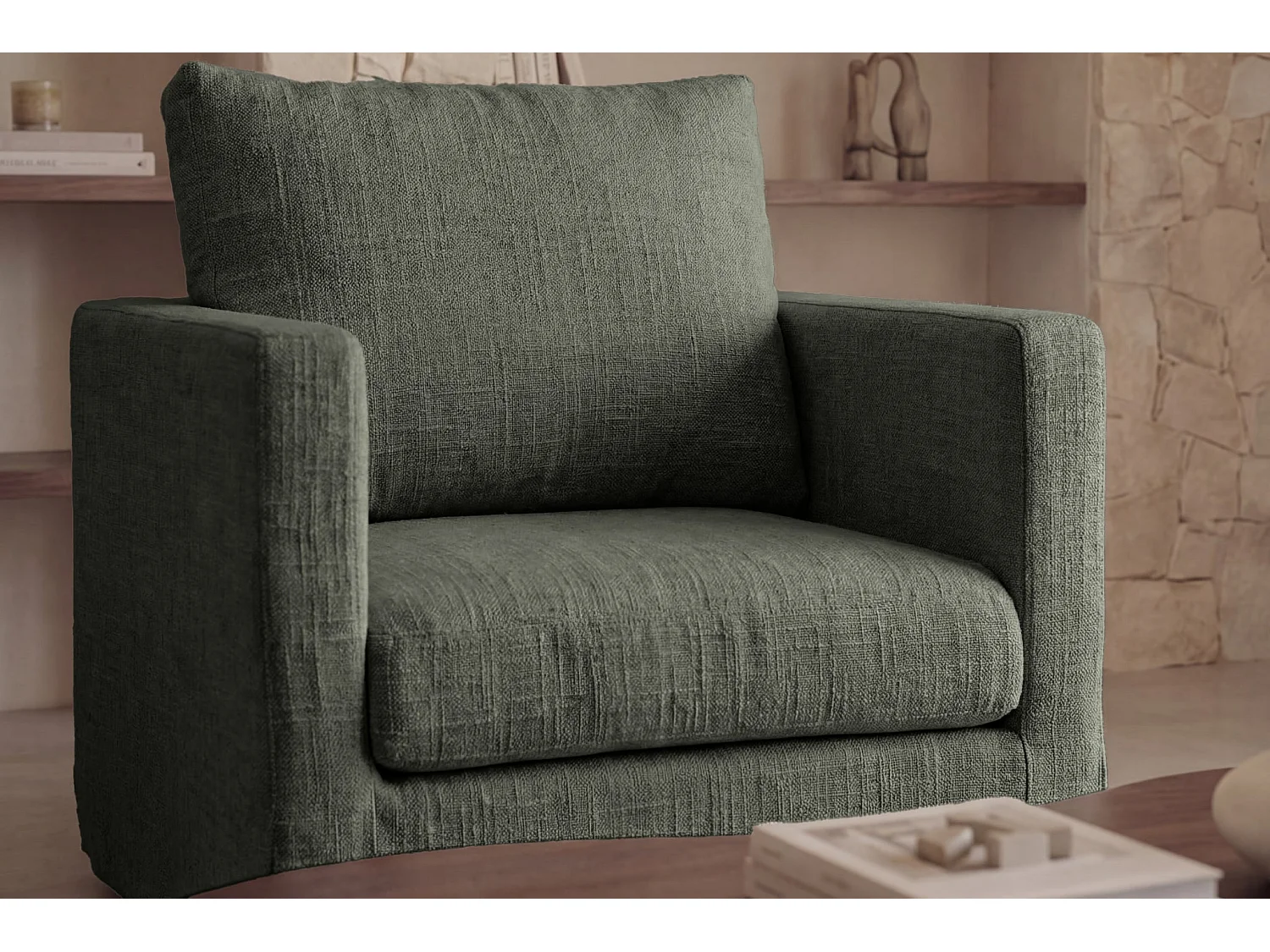 LEONIE - Fauteuil tissu chenille déhoussable - Vert