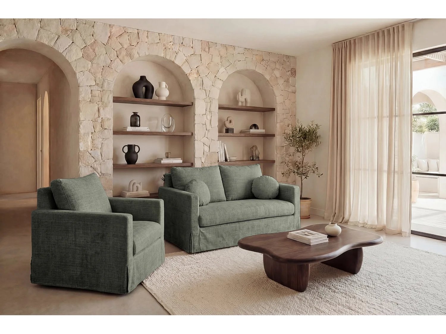 LEONIE - Fauteuil tissu chenille déhoussable - Vert