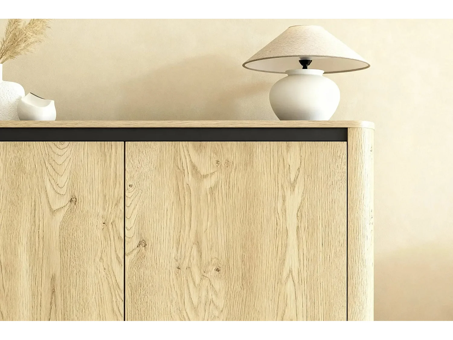 POPPY - Commode 2 portes 113cm en effet chêne Cremona et noir - Chêne clair