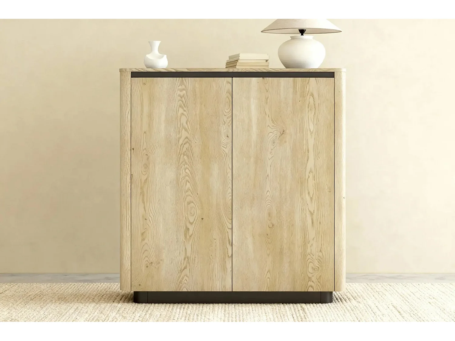 POPPY - Commode 2 portes 113cm en effet chêne Cremona et noir - Chêne clair