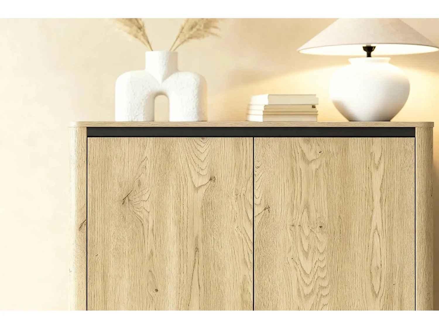 POPPY - Commode 2 portes 113cm en effet chêne Cremona et noir - Chêne clair