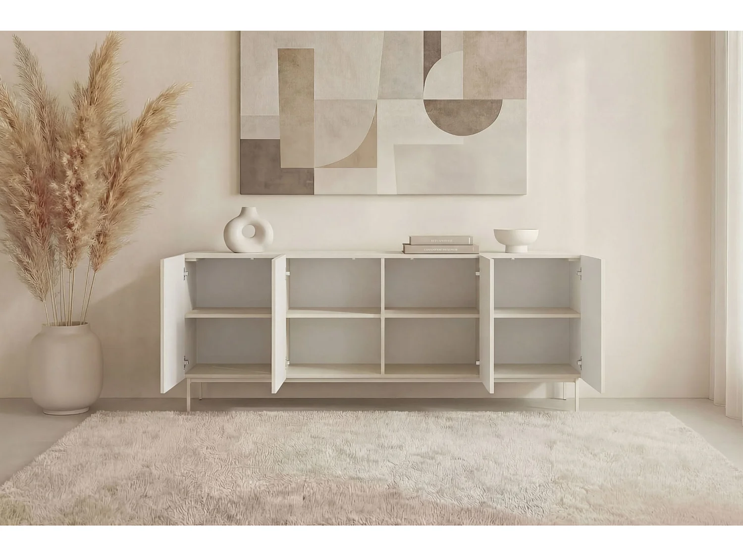 ZORA - Buffet 4 tiroirs 195cmpieds en métal - Blanc