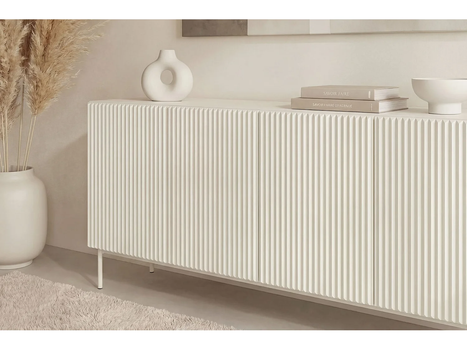 ZORA - Buffet 4 tiroirs 195cmpieds en métal - Blanc