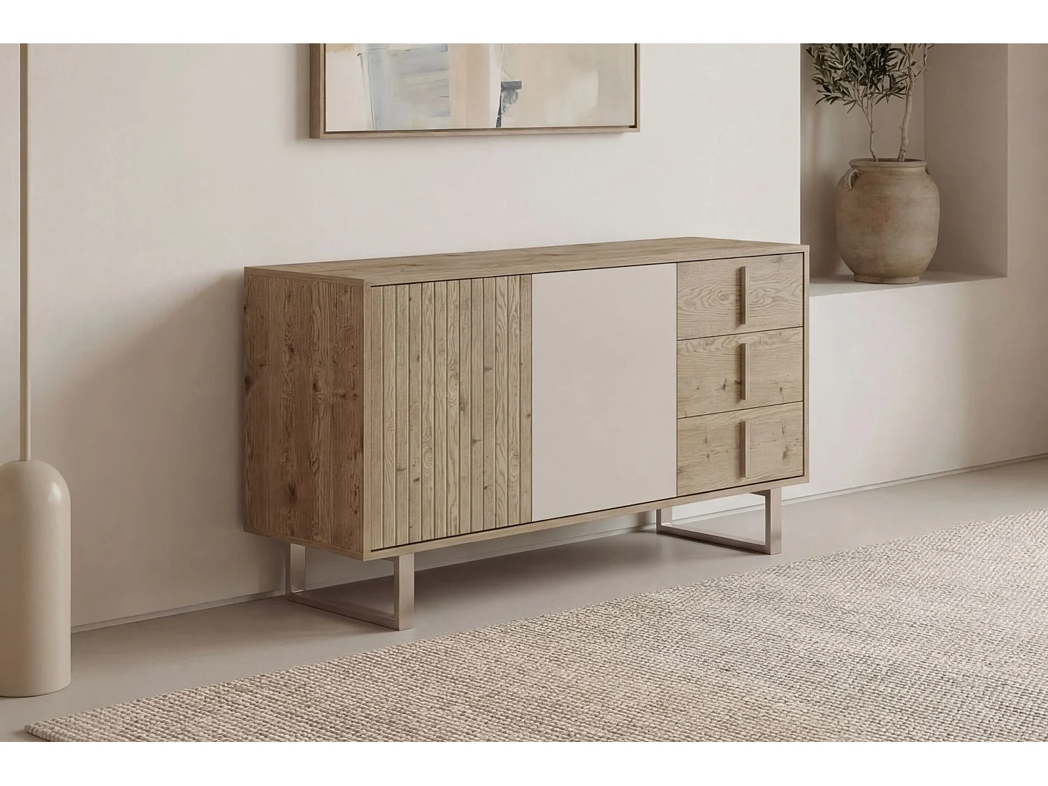 MINELA - Buffet 2 portes 140cm en mélamine - Chêne clair