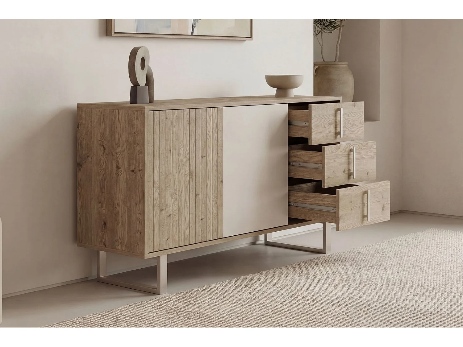 MINELA - Buffet 2 portes 140cm en mélamine - Chêne clair