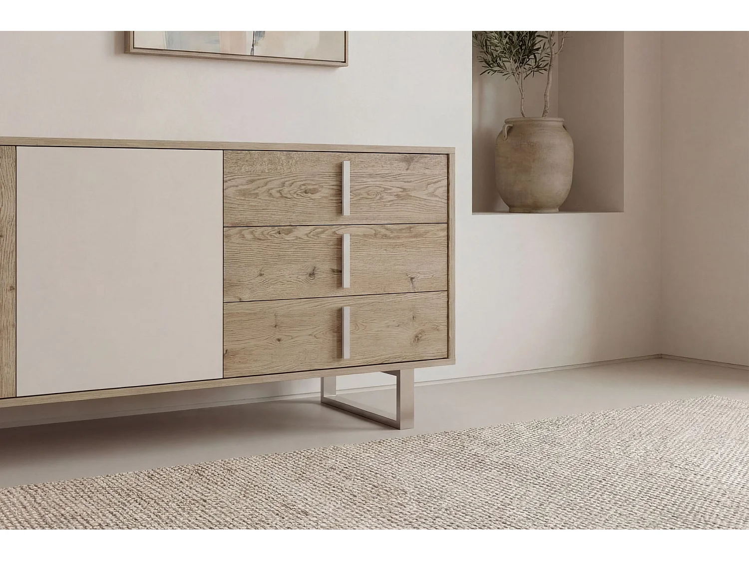 MINELA - Buffet 2 portes 140cm en mélamine - Chêne clair