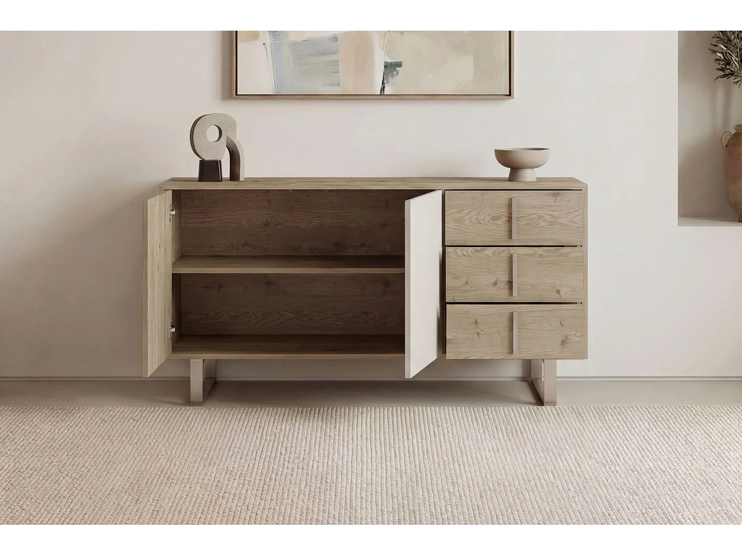 MINELA - Buffet 2 portes 140cm en mélamine - Chêne clair