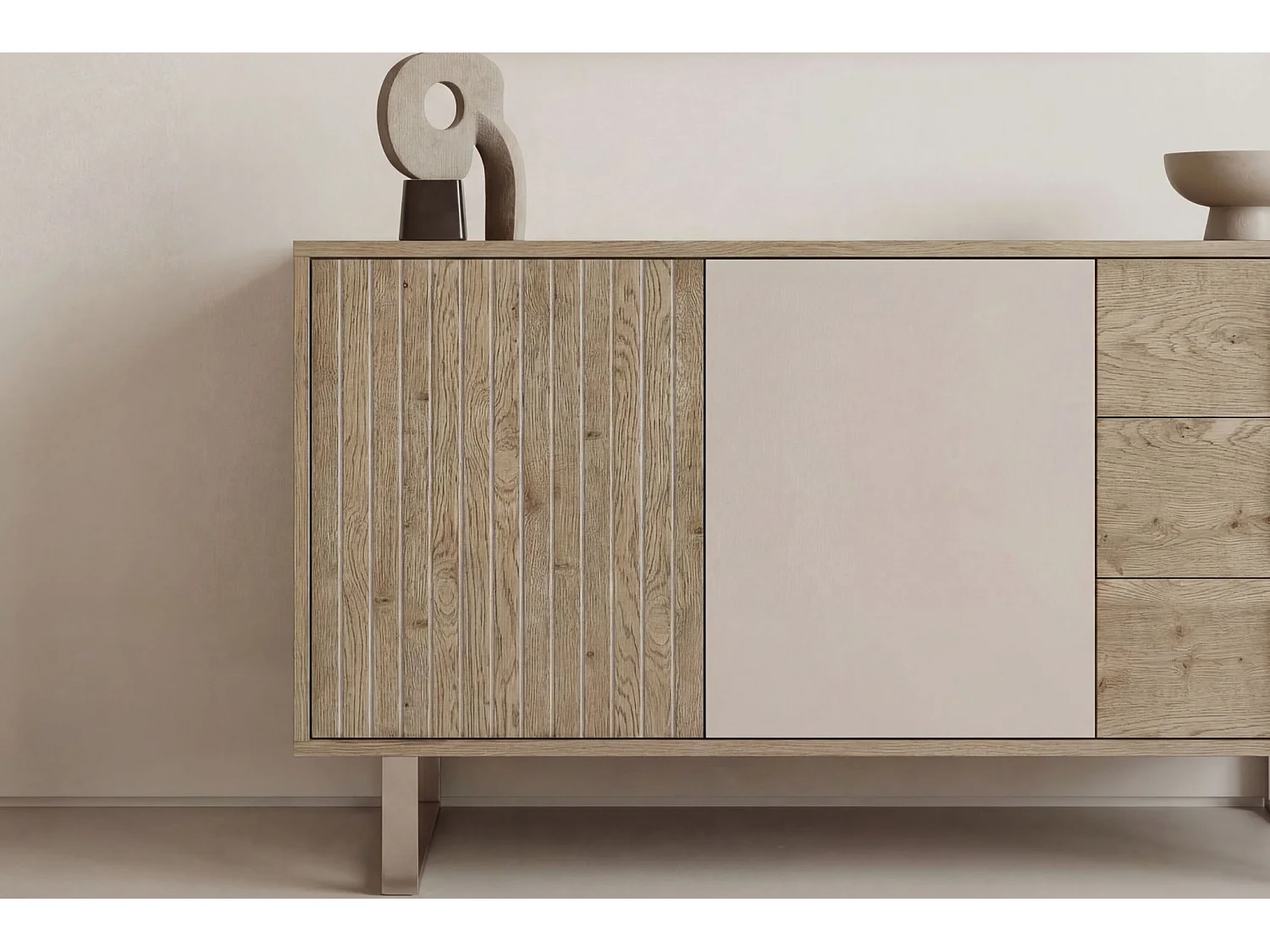 MINELA - Buffet 2 portes 140cm en mélamine - Chêne clair