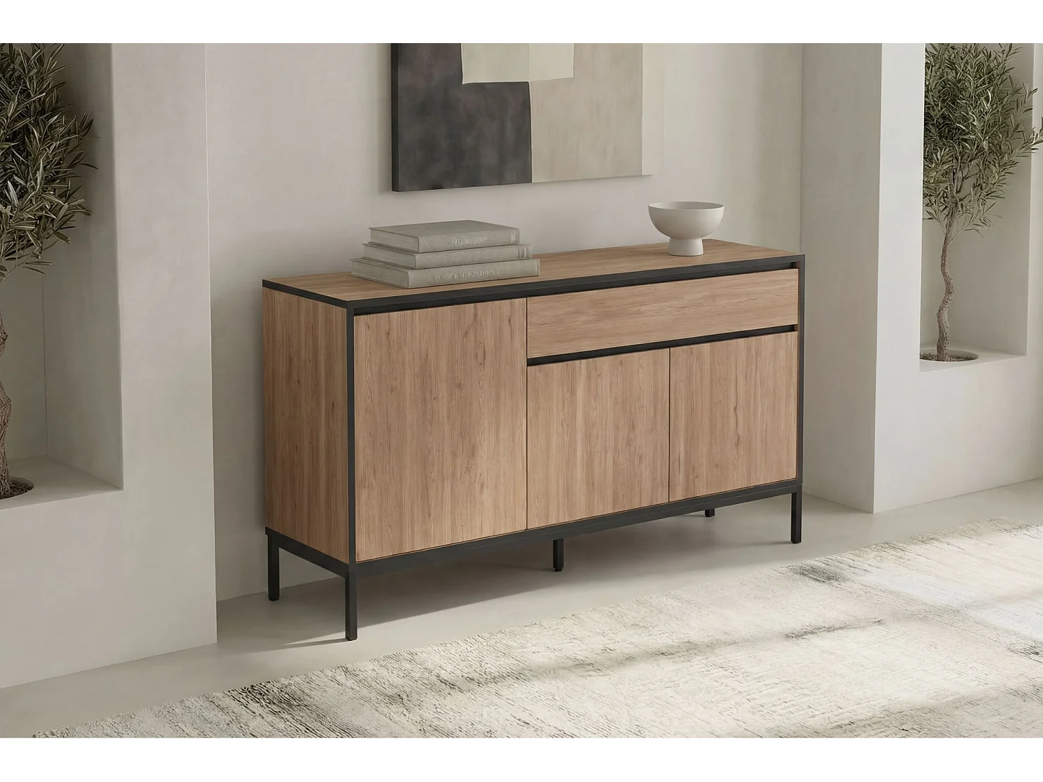 VANA - Buffet 3 portes 140cm en mélamine - Chêne clair