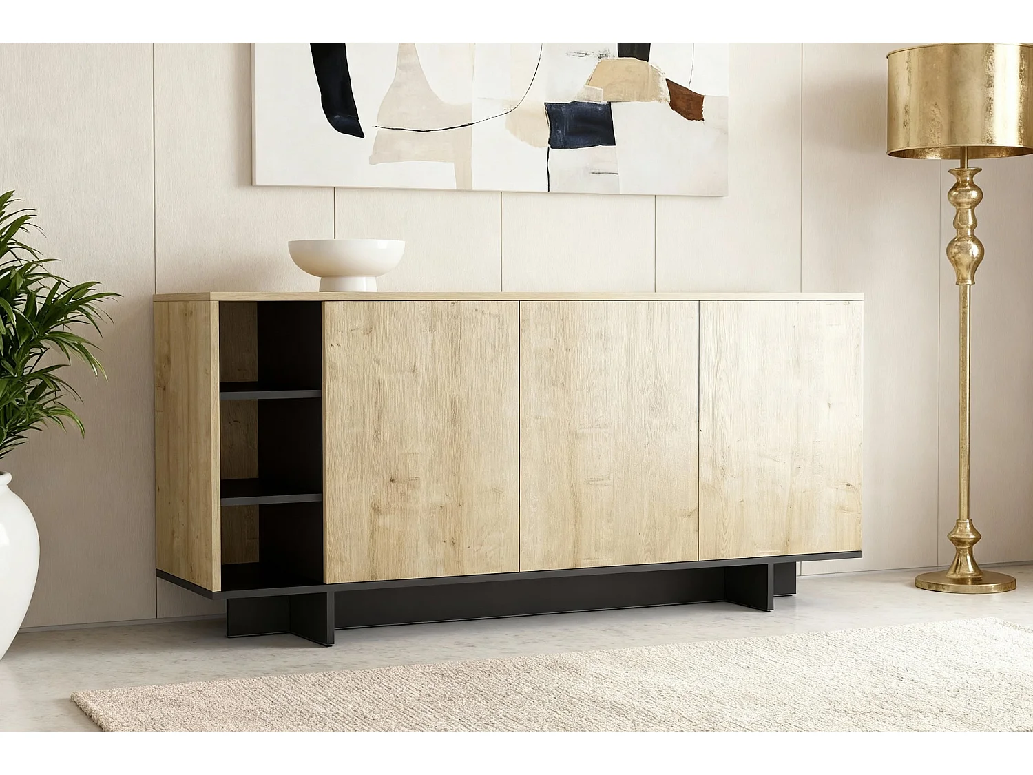 CALYO - Buffet 3 portes 170cm en mélamine - Chêne clair