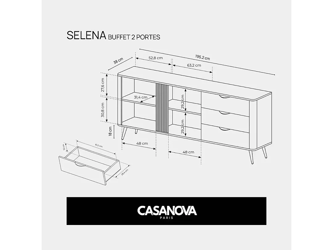 SELENA - Buffet 2 portes 195cmbois de chêne - Chêne foncé