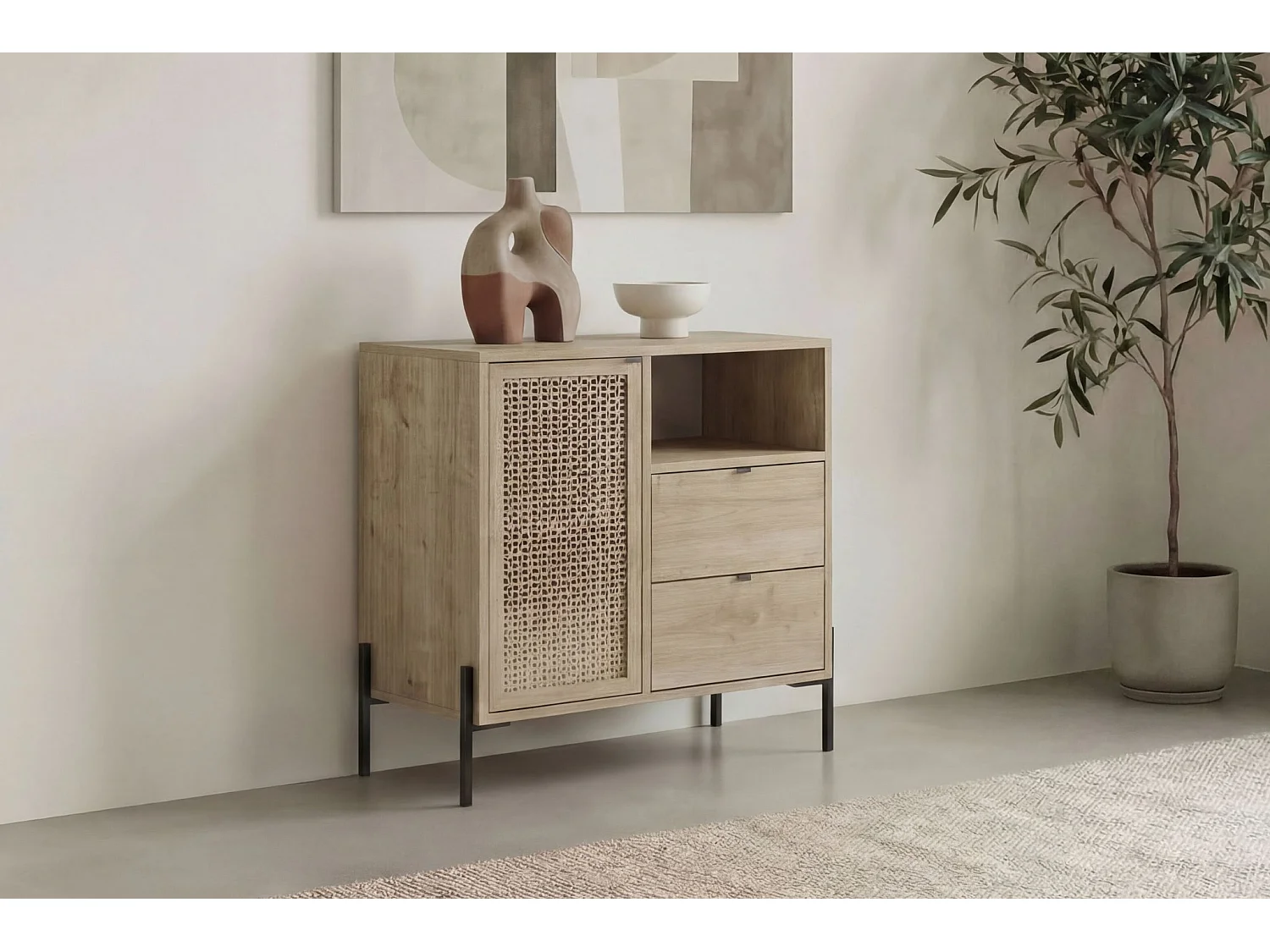 STERA - Mini commode 1 porte 84cm en mélamine - Chêne clair