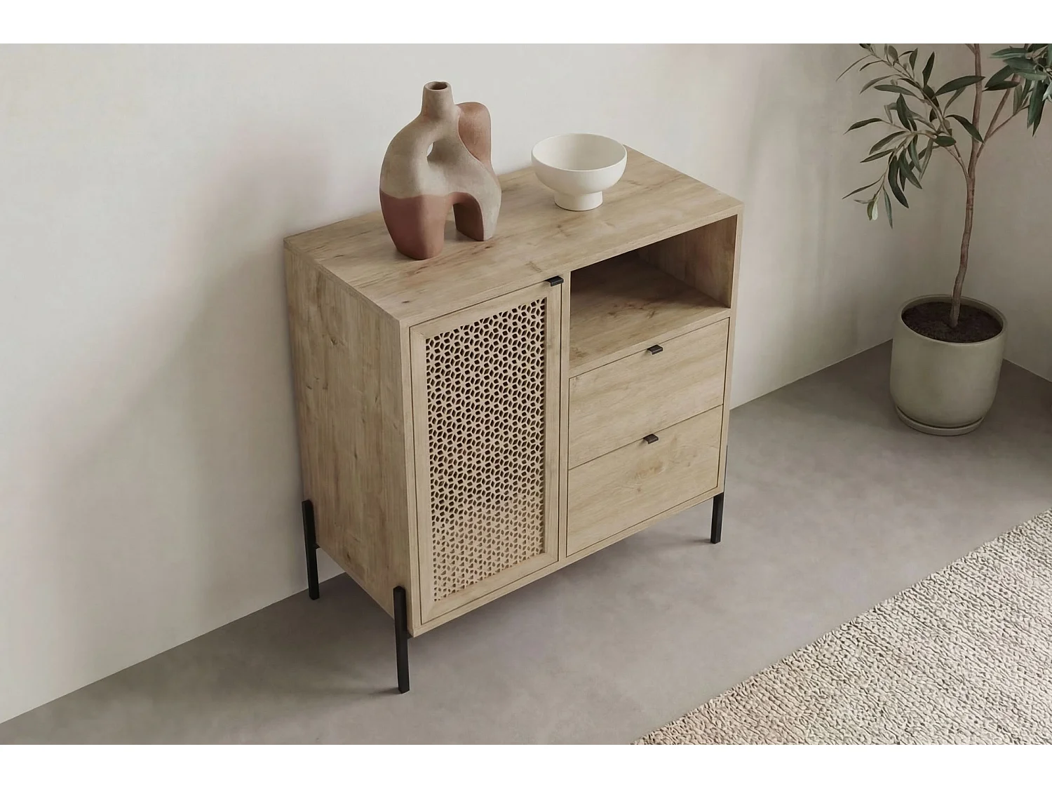 STERA - Mini commode 1 porte 84cm en mélamine - Chêne clair