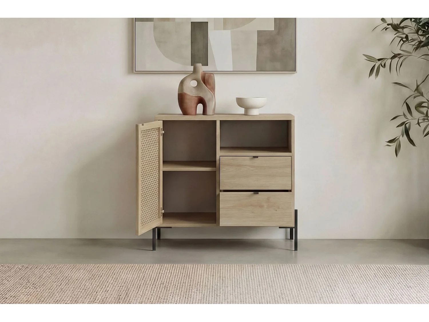STERA - Mini commode 1 porte 84cm en mélamine - Chêne clair