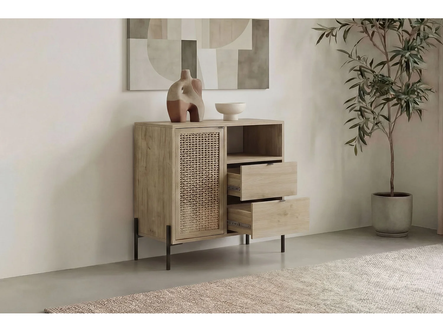 STERA - Mini commode 1 porte 84cm en mélamine - Chêne clair