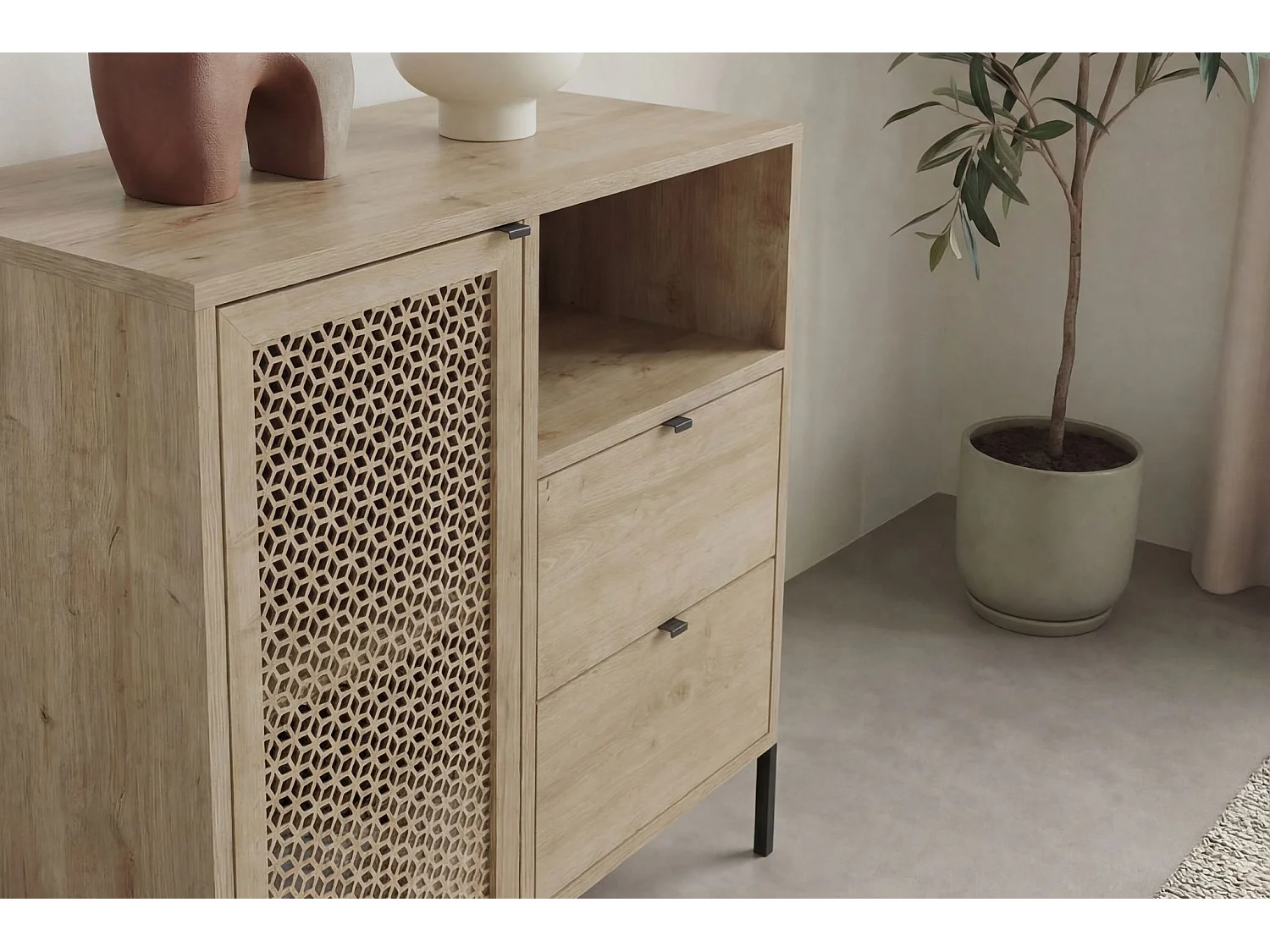 STERA - Mini commode 1 porte 84cm en mélamine - Chêne clair
