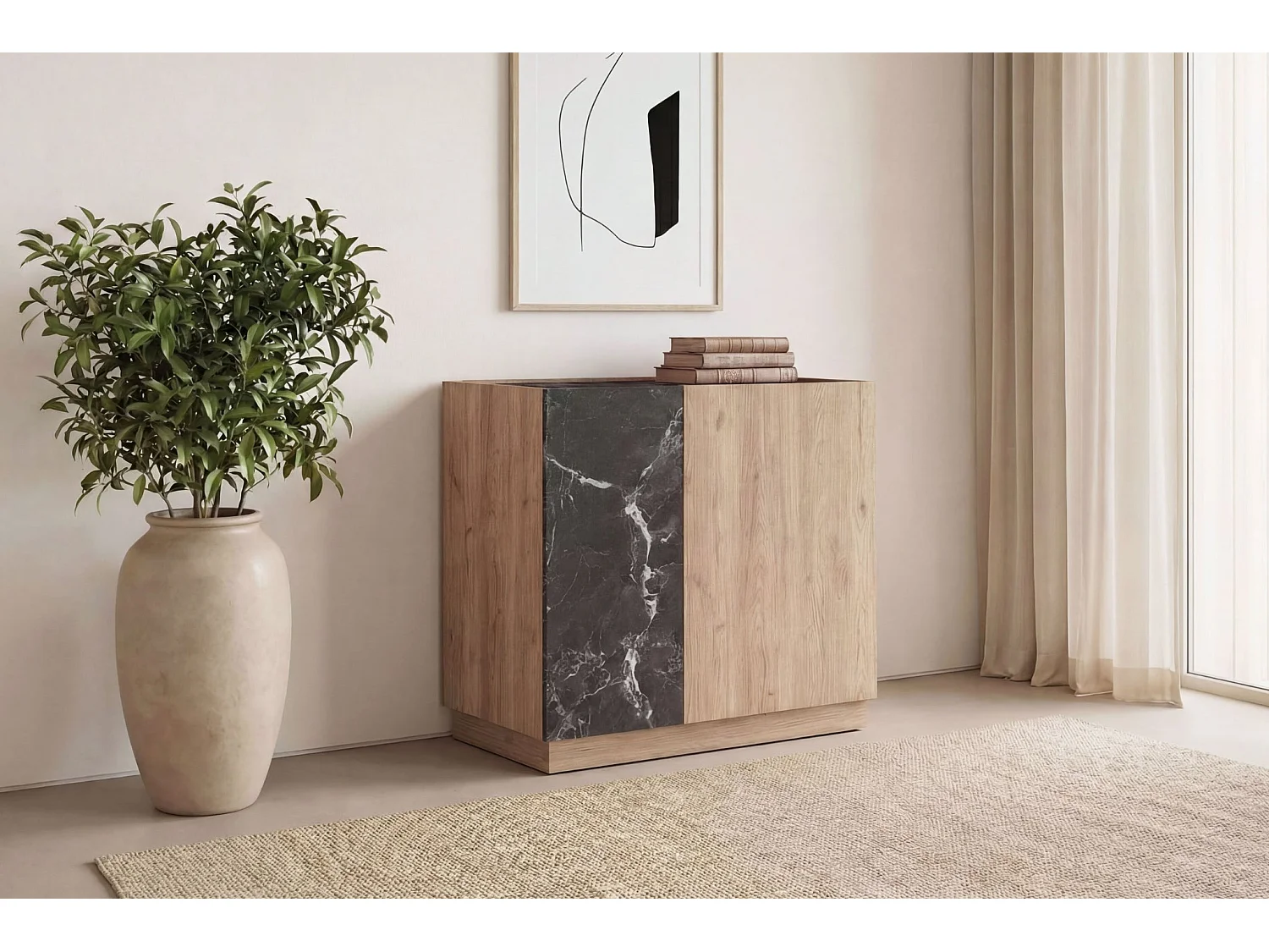 AUREN - Mini commode 2 portes 80cm en mélamine - Chêne clair