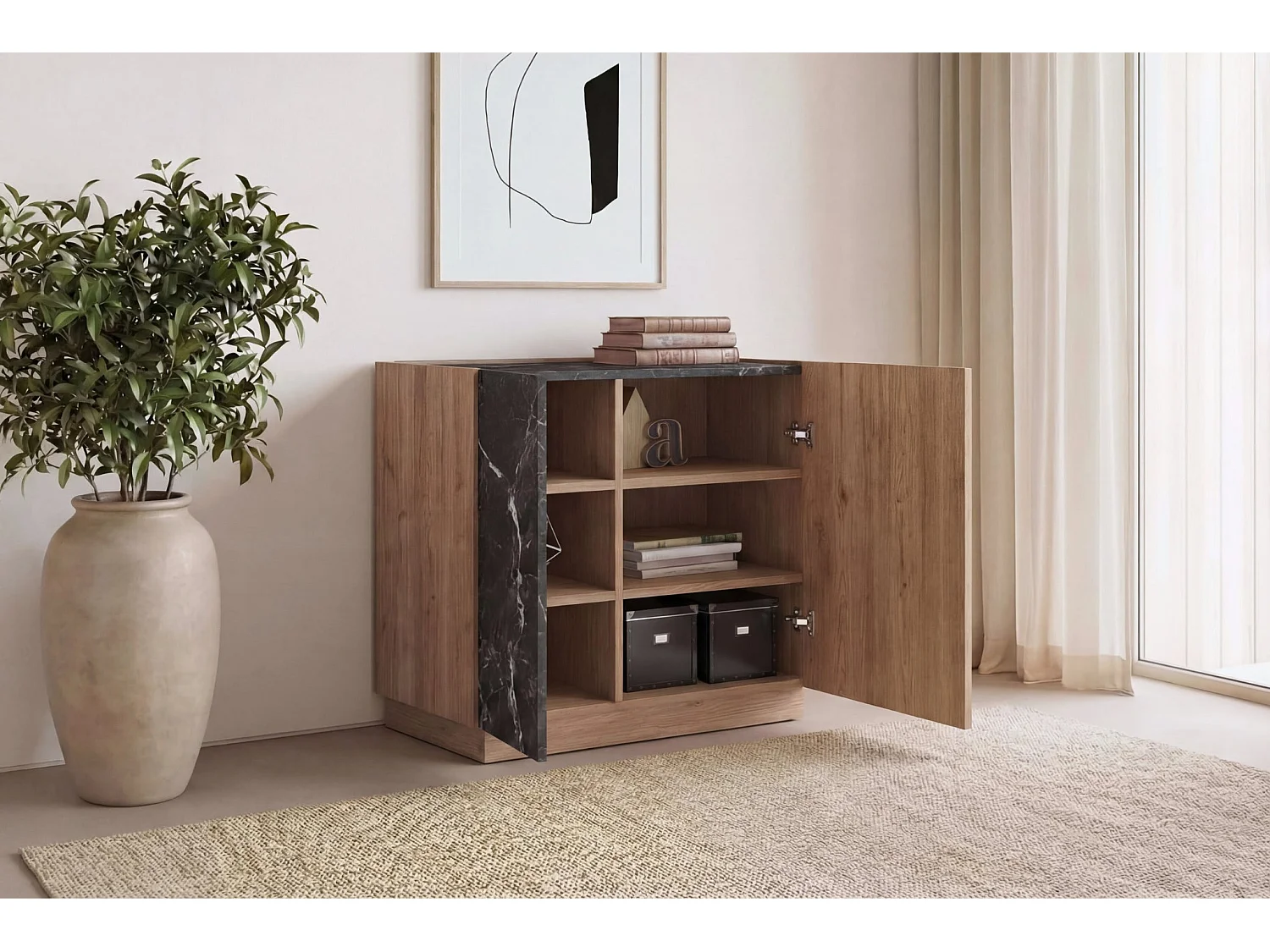 AUREN - Mini commode 2 portes 80cm en mélamine - Chêne clair