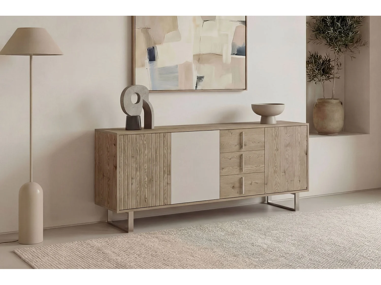MINELA - Buffet 3 portes 180cm en mélamine - Chêne clair