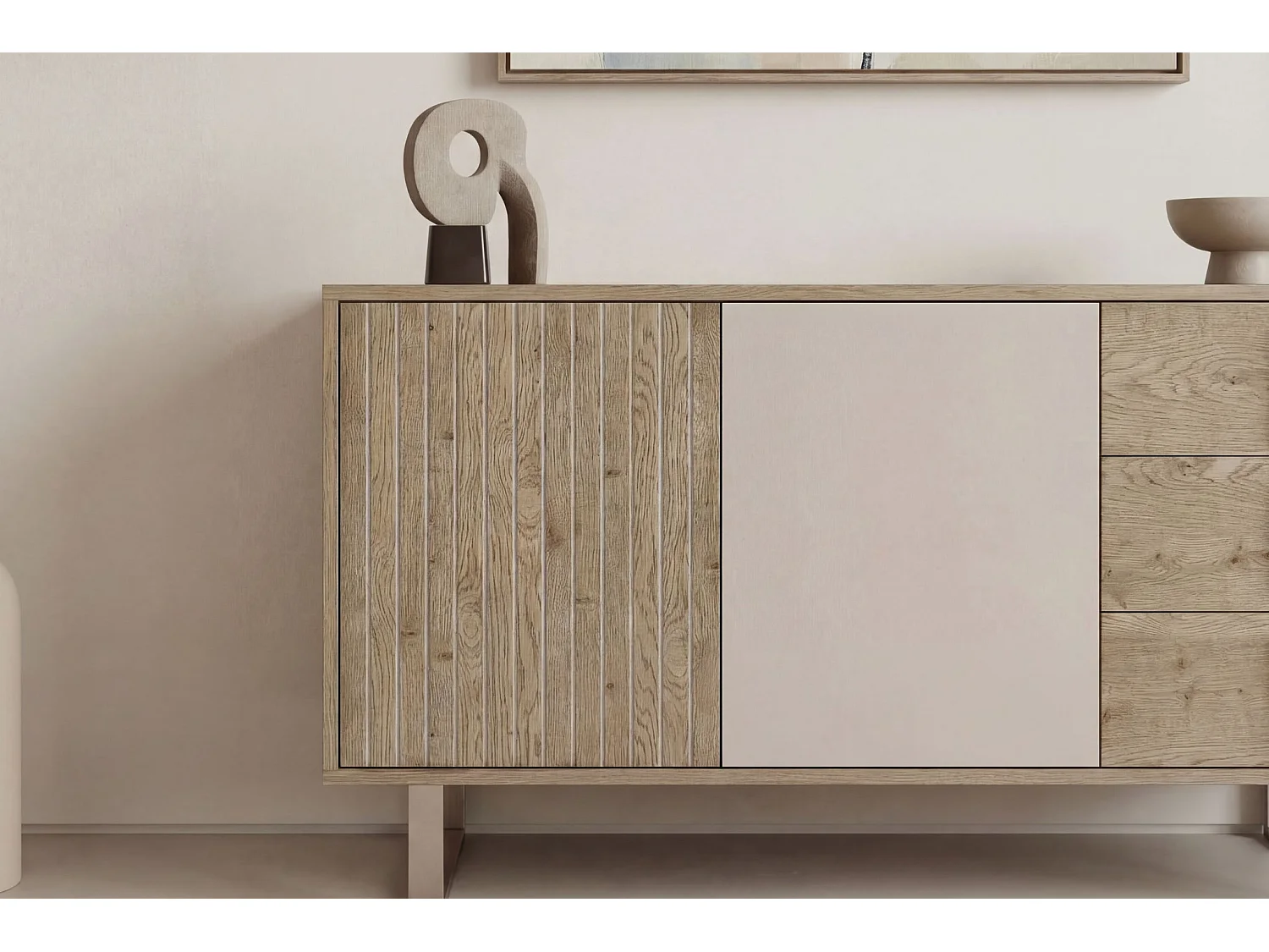 MINELA - Buffet 3 portes 180cm en mélamine - Chêne clair