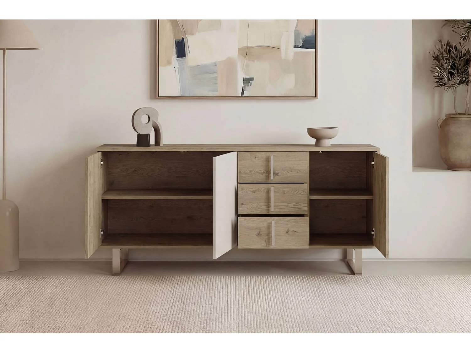 MINELA - Buffet 3 portes 180cm en mélamine - Chêne clair