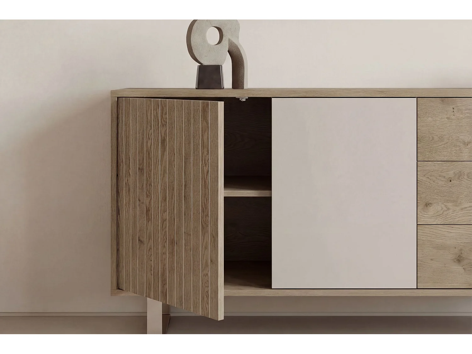MINELA - Buffet 3 portes 180cm en mélamine - Chêne clair