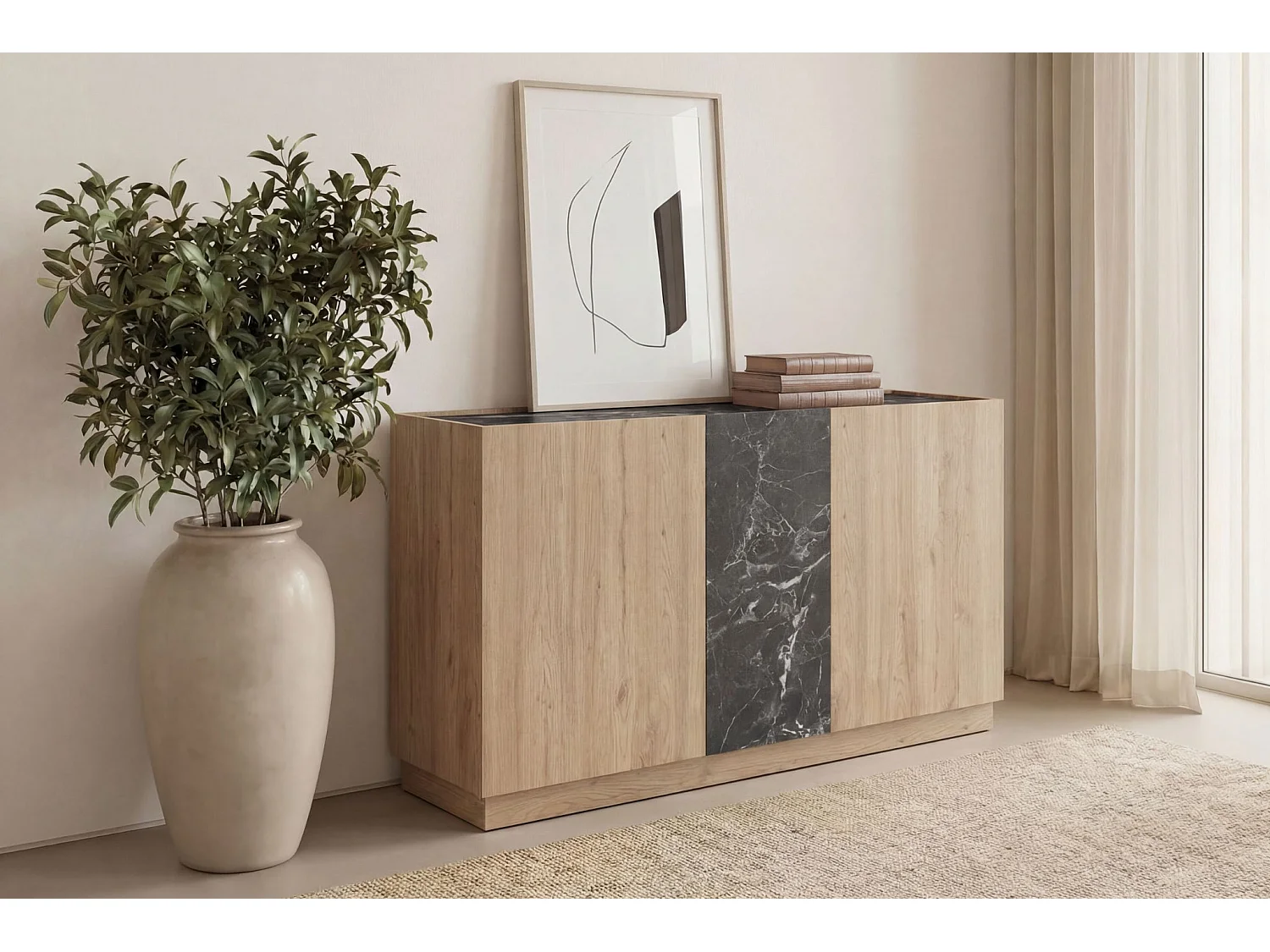 AUREN - Buffet 3 portes 140cm en mélamine - Chêne clair