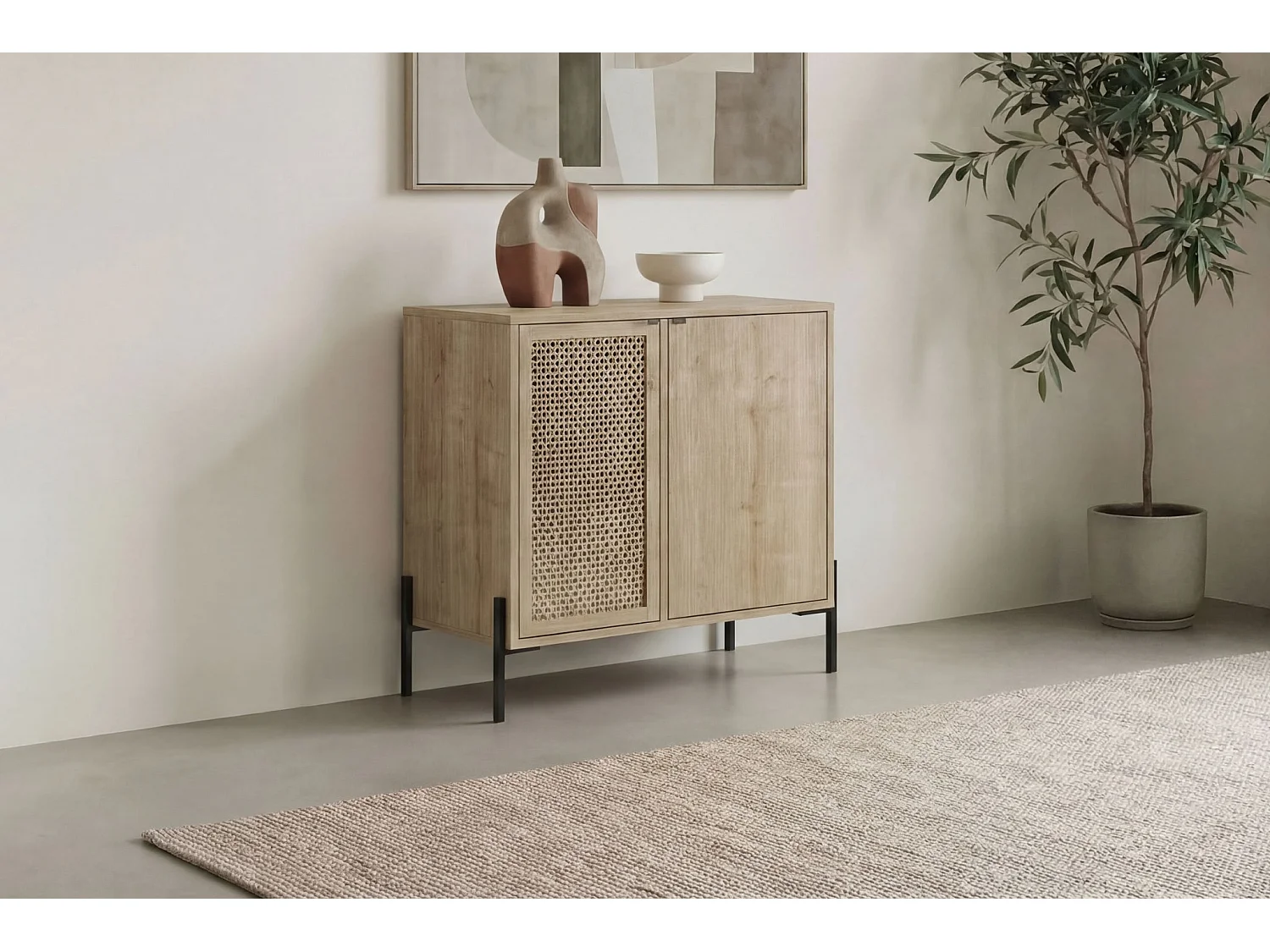 STERA - Mini commode 2 portes 83cm en mélamine - Chêne clair