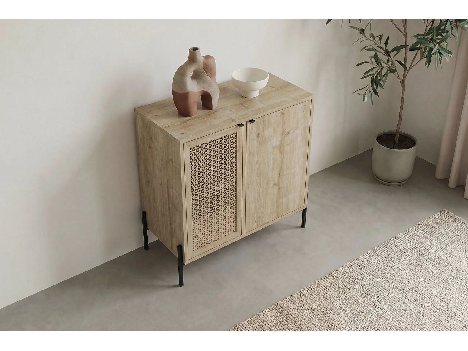 STERA - Mini commode 2 portes 83cm en mélamine - Chêne clair