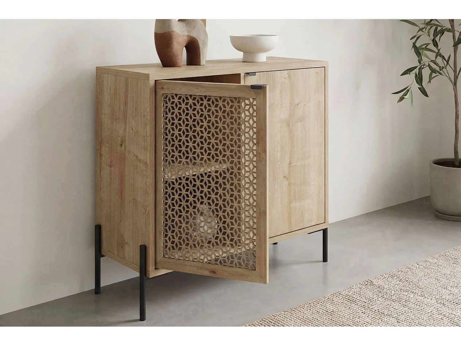 STERA - Mini commode 2 portes 83cm en mélamine - Chêne clair
