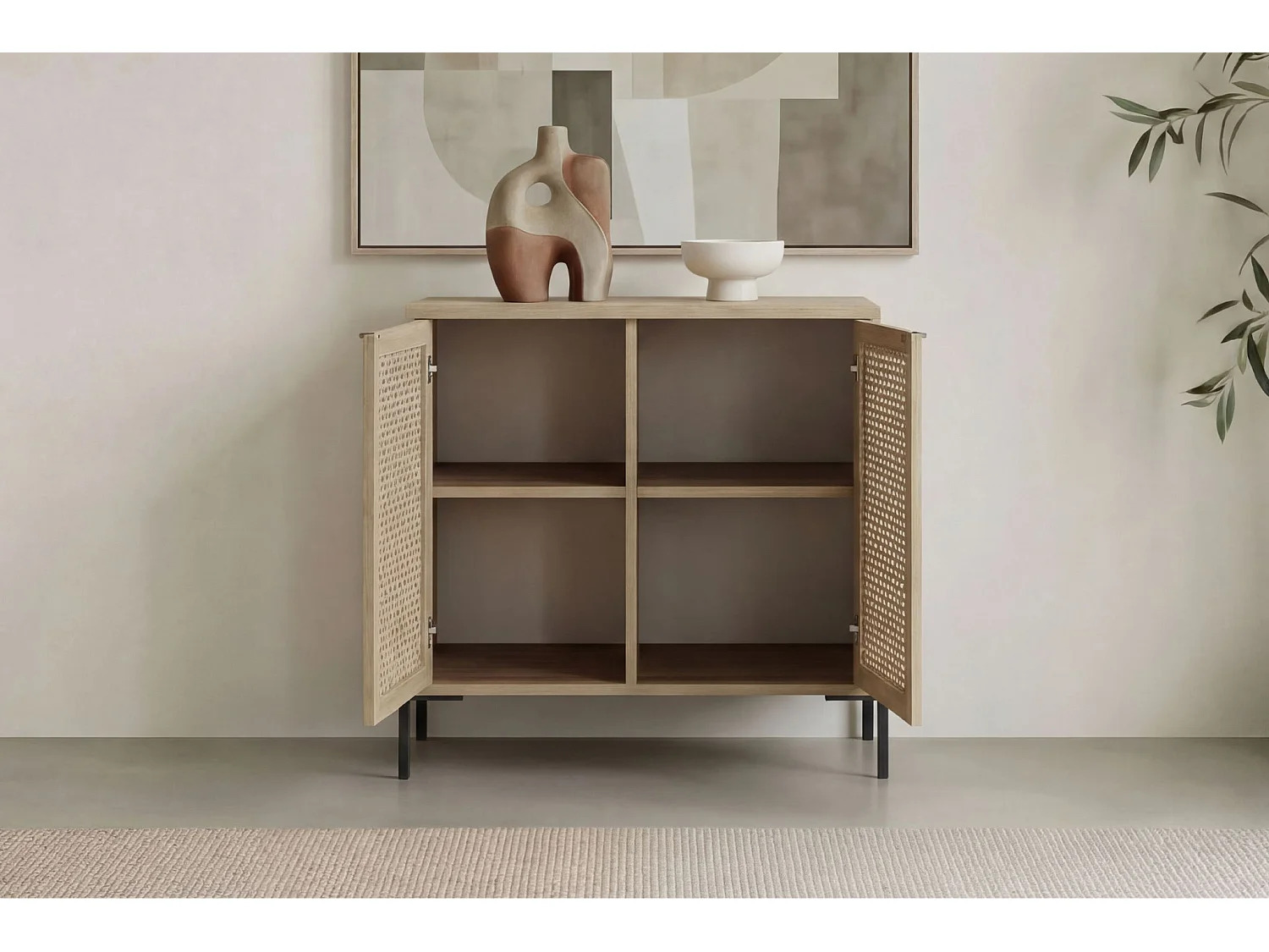 STERA - Mini commode 2 portes 83cm en mélamine - Chêne clair