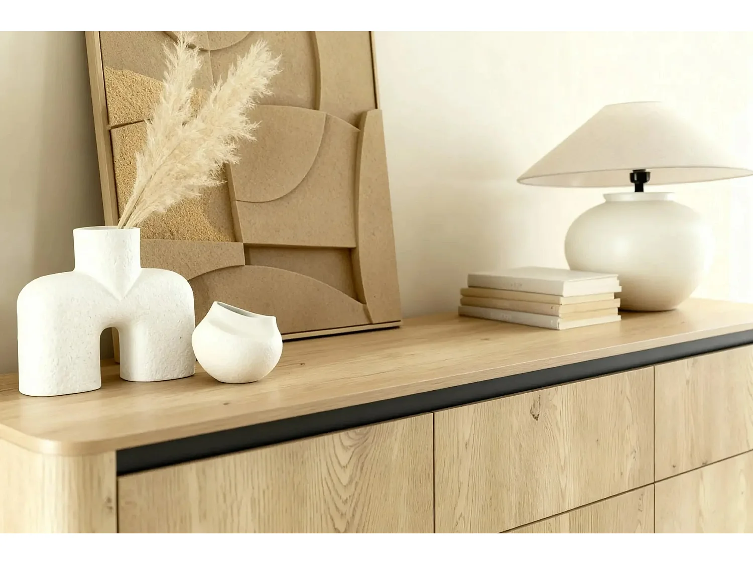POPPY - Buffet 3 portes 163cmeffet chêne Cremona et noir - Chêne clair